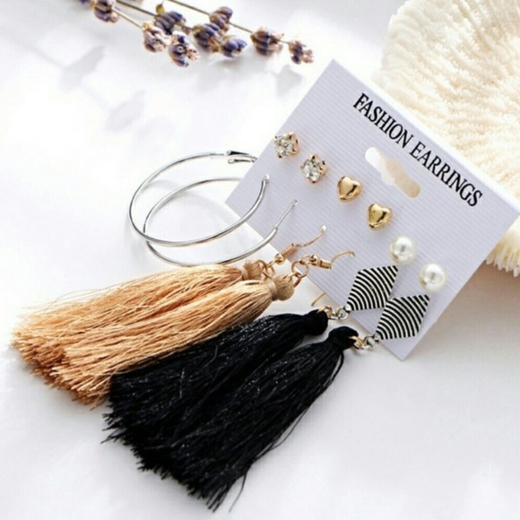 Fringe Earring Hoop Earring Pearl Heart Stud Statement Earring Set - Picture 5 of 5